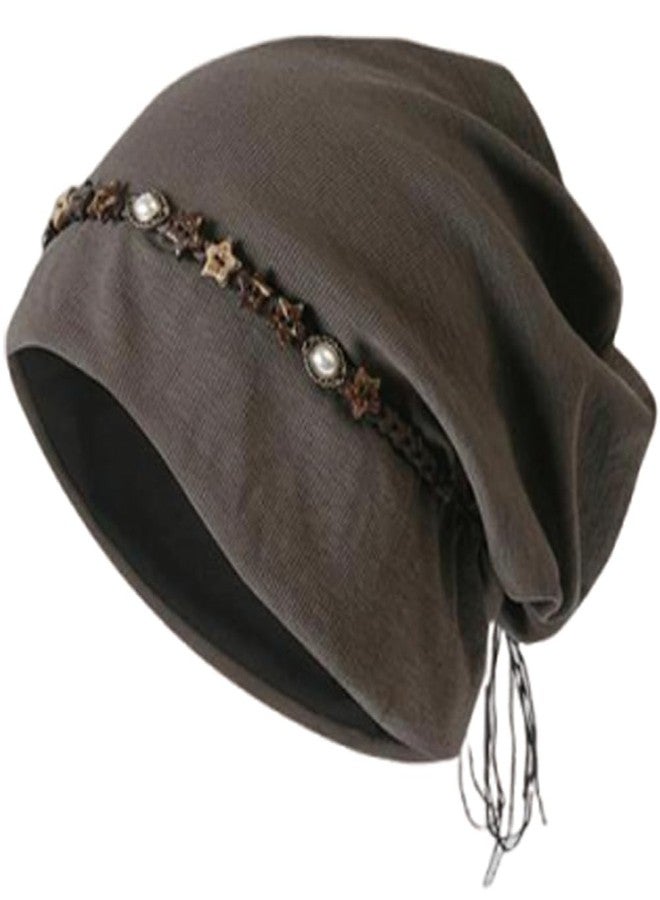 KORADI Women's Slouchy Beanie Hat Retro Stars Tassel Skull Cap Y2K Stylish Beanies Bonnet Stretch Hip-Hop Headwear Coffee - Image 1